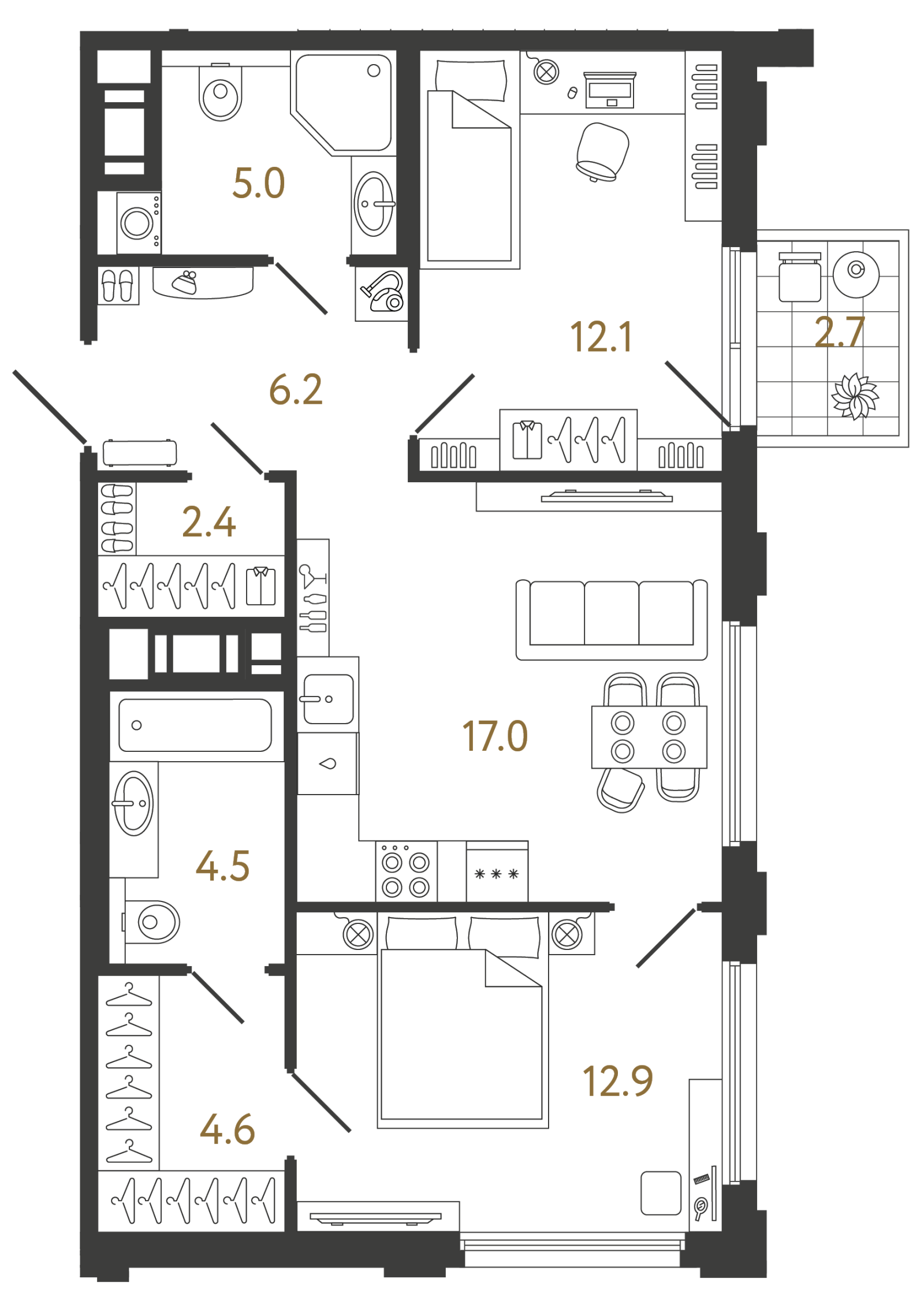 Планировка: 2-комнатная квартира, 64,7 м²