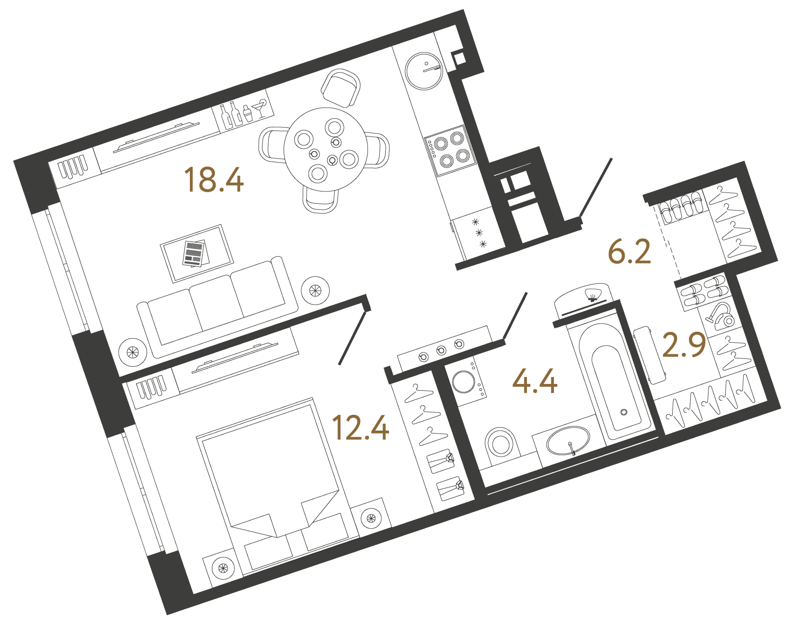 Планировка: 1-комнатная квартира, 44,3 м²