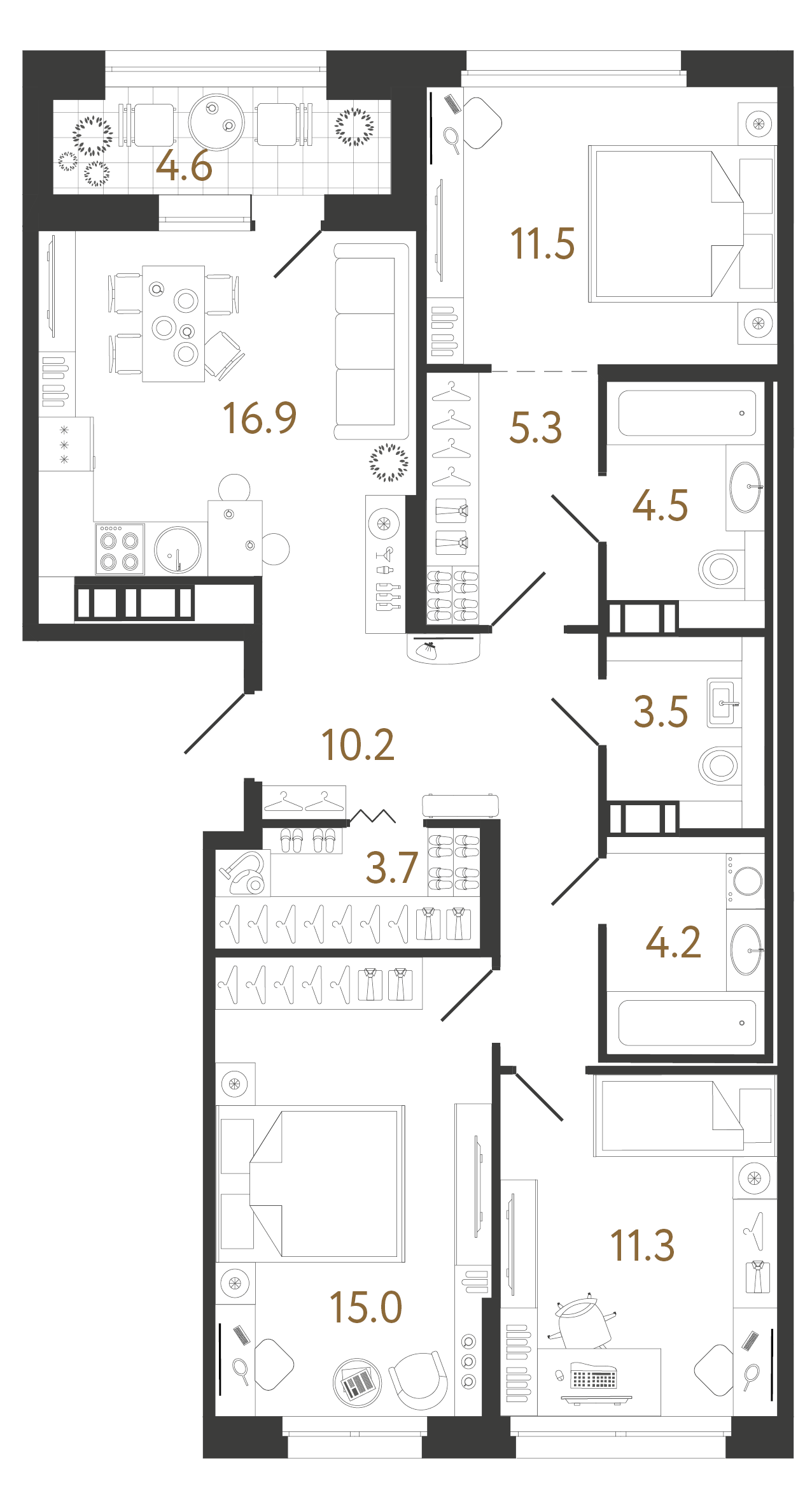 Планировка: 3-комнатная квартира, 86,1 м²