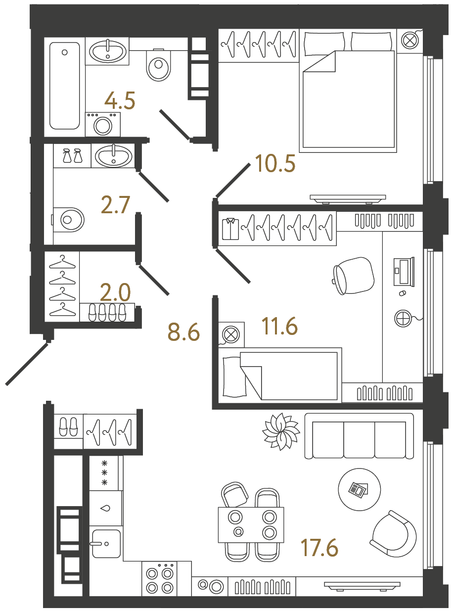 Планировка: 2-комнатная квартира, 57,5 м²