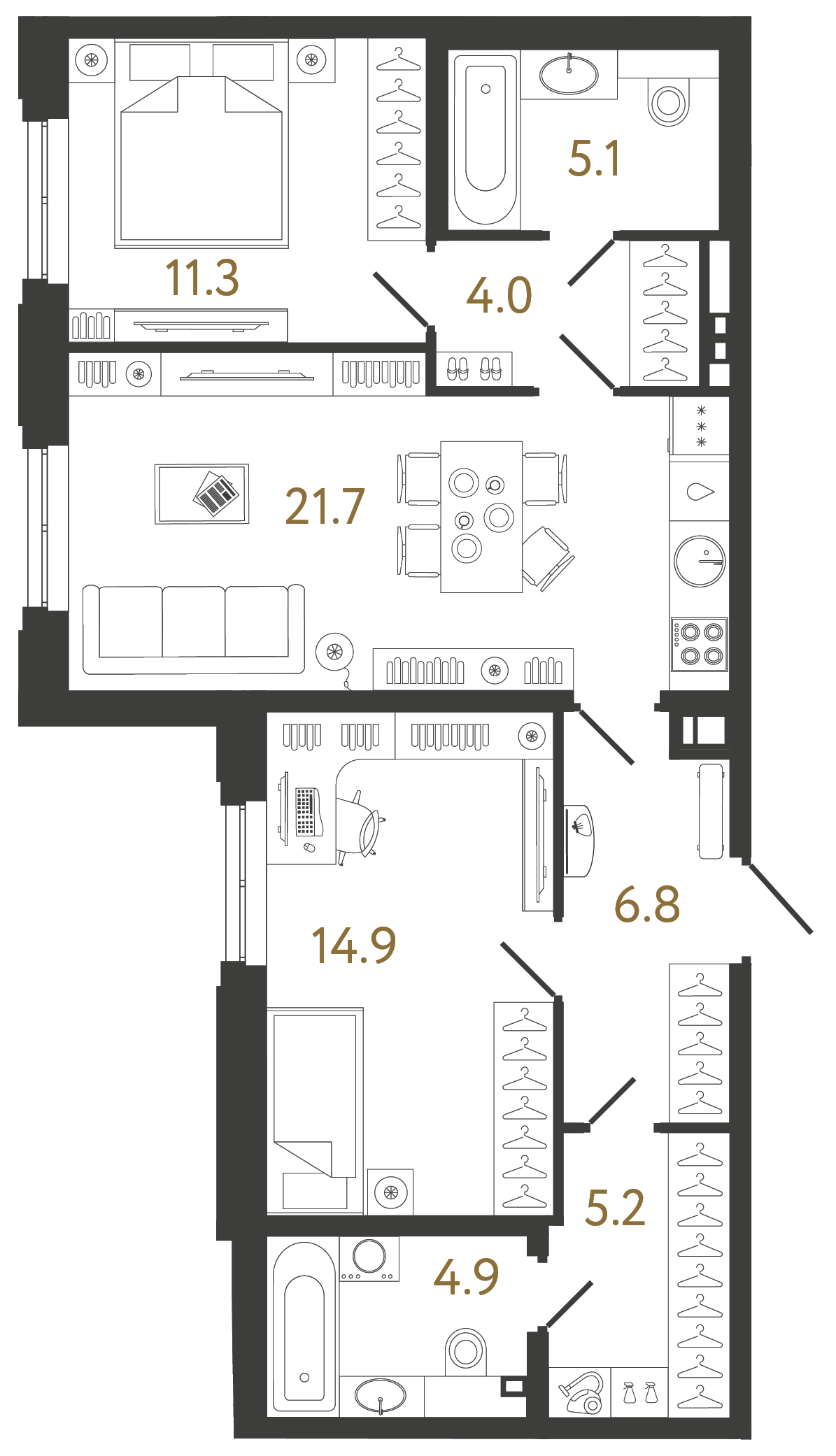 Планировка: 2-комнатная квартира, 73,9 м²