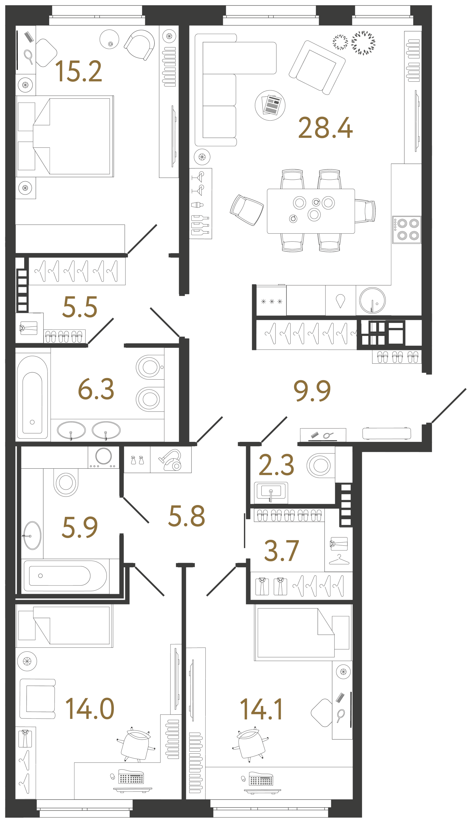 Планировка: 3-комнатная квартира, 111,1 м²