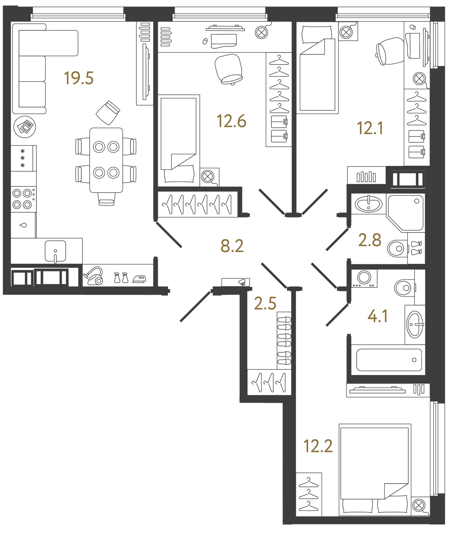 Планировка: 3-комнатная квартира, 74,0 м²