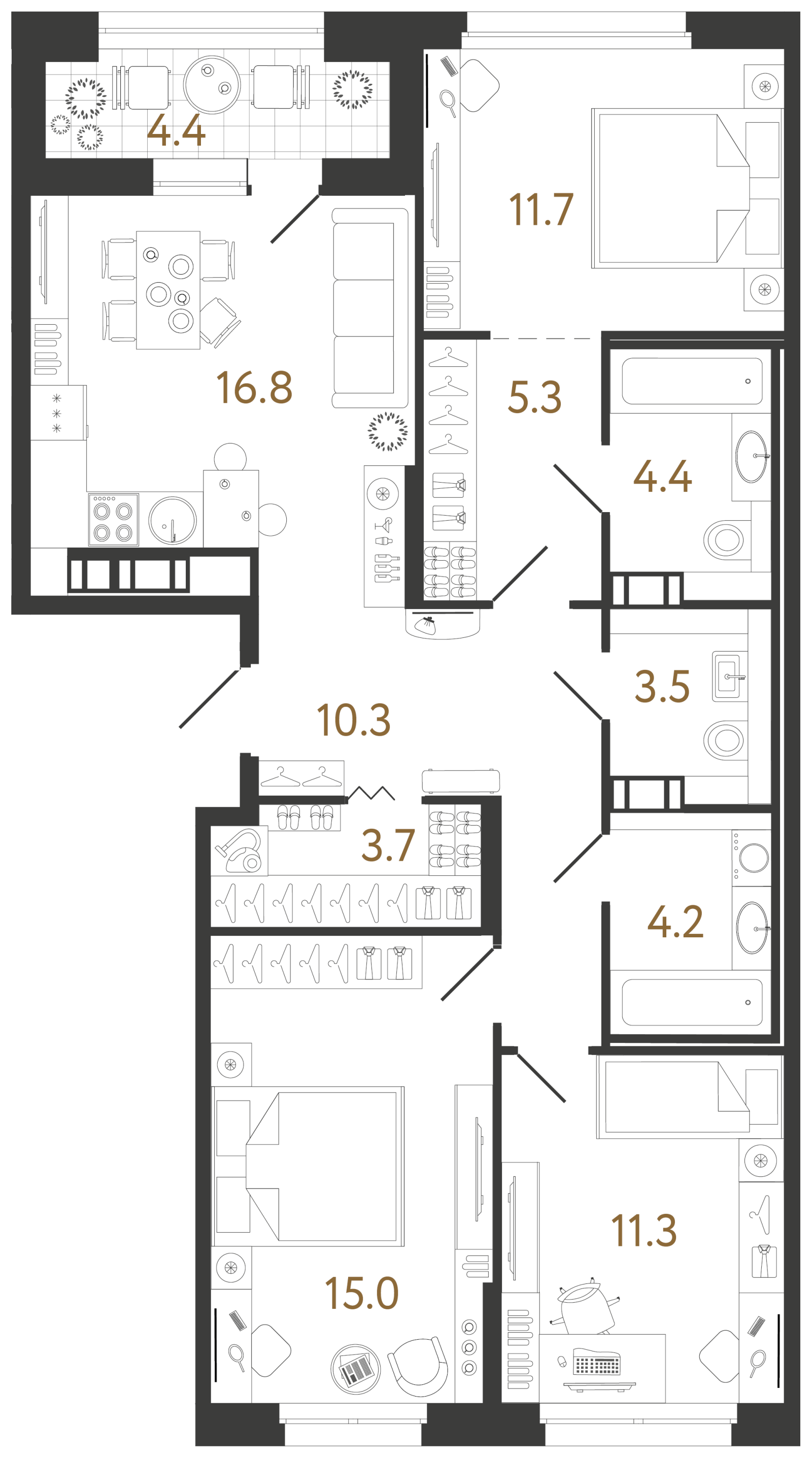 Планировка: 3-комнатная квартира, 86,5 м²