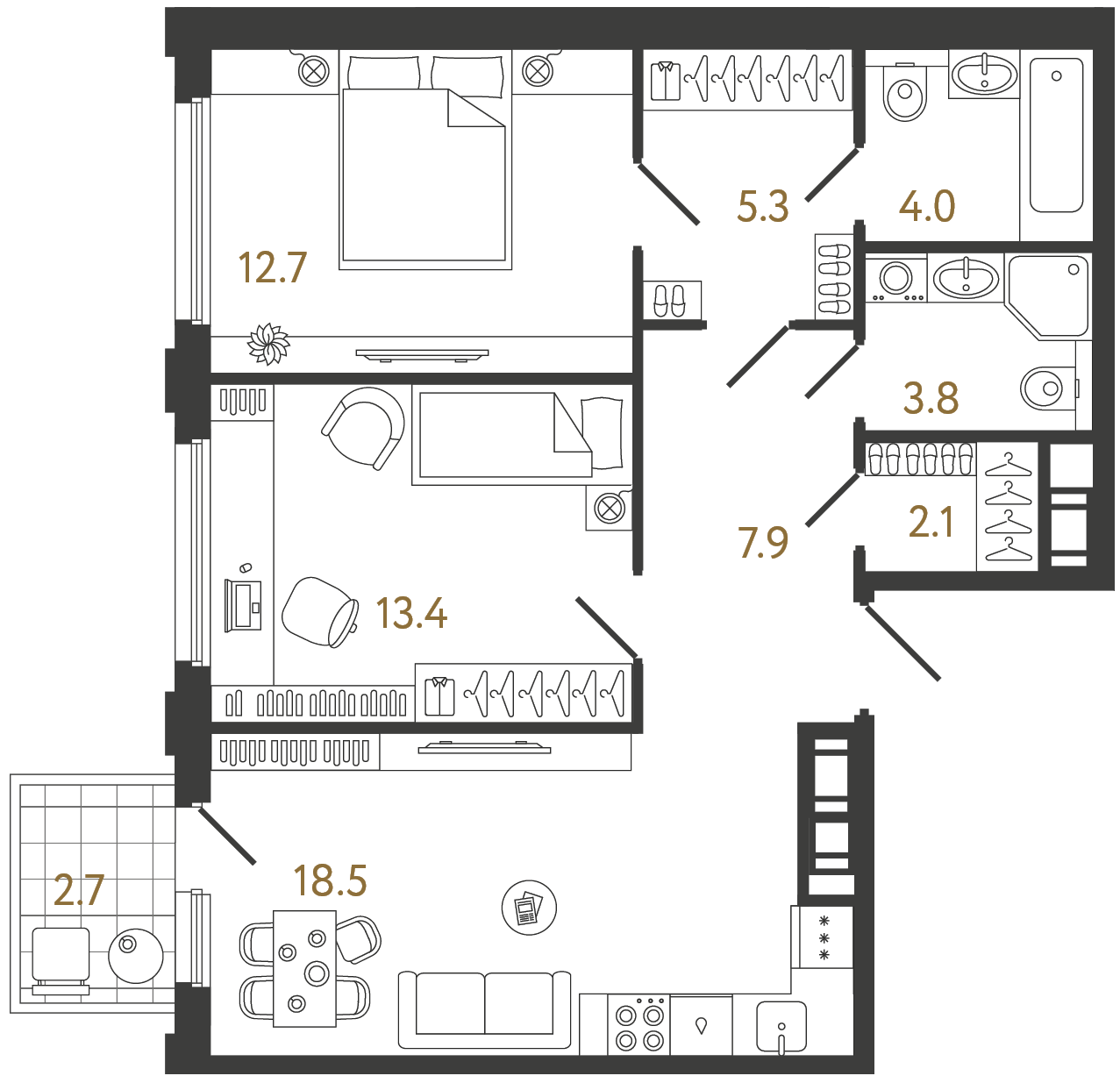Планировка: 2-комнатная квартира, 67,7 м²