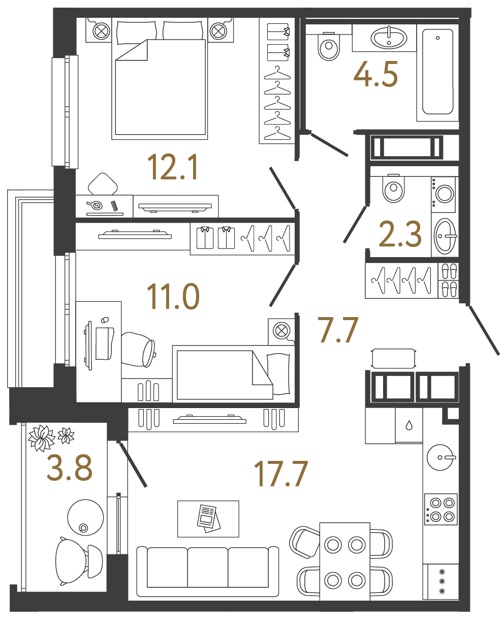 Планировка: 2-комнатная квартира, 55,3 м²