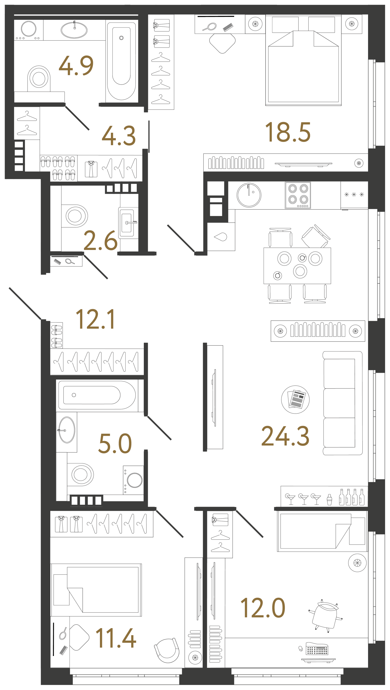 Планировка: 3-комнатная квартира, 95,1 м²