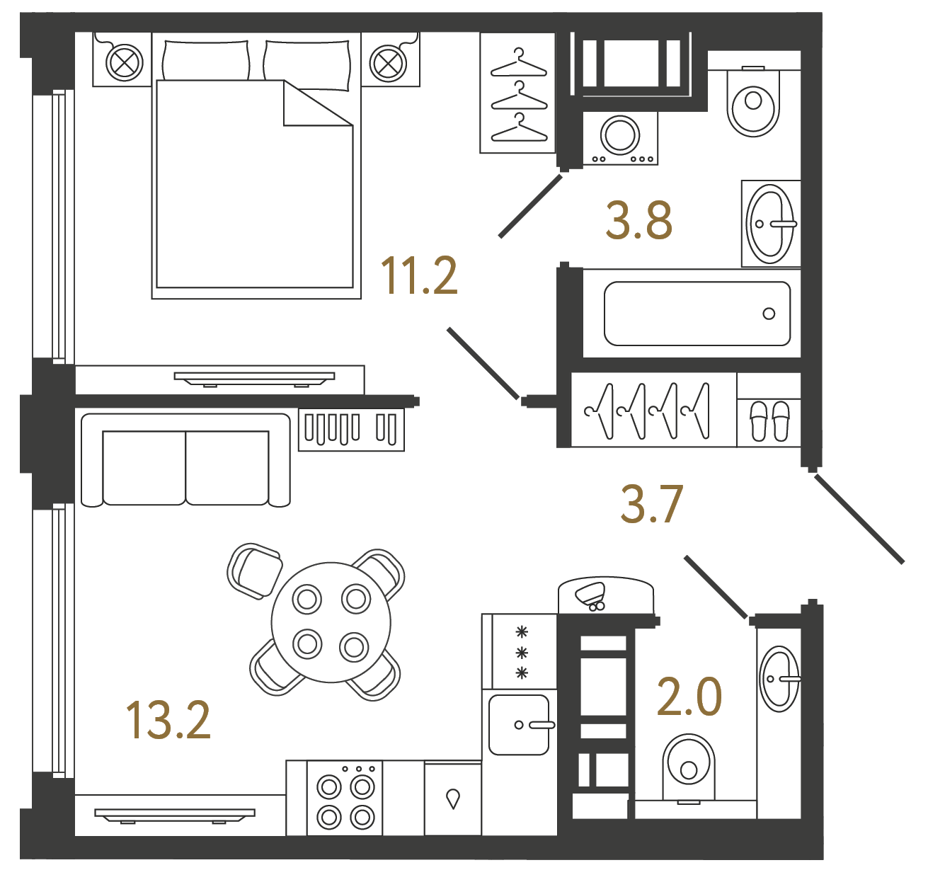 Планировка: 1-комнатная квартира, 33,9 м²