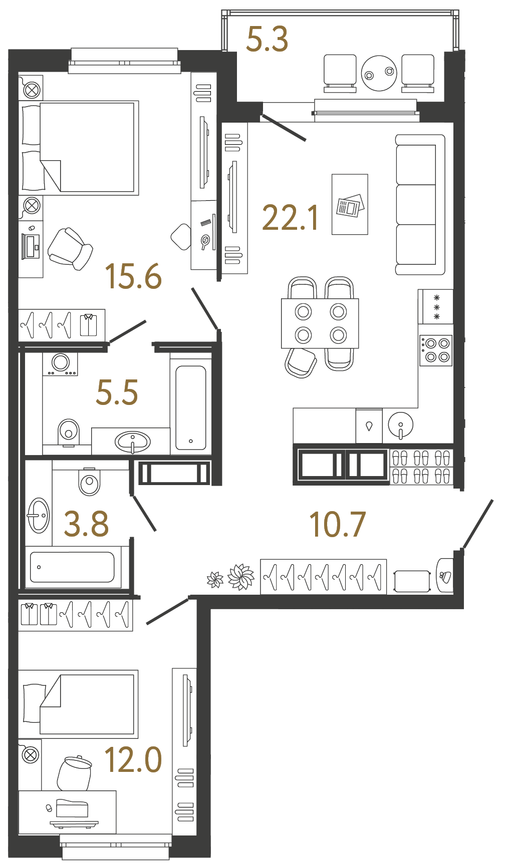 Планировка: 2-комнатная квартира, 69,7 м²