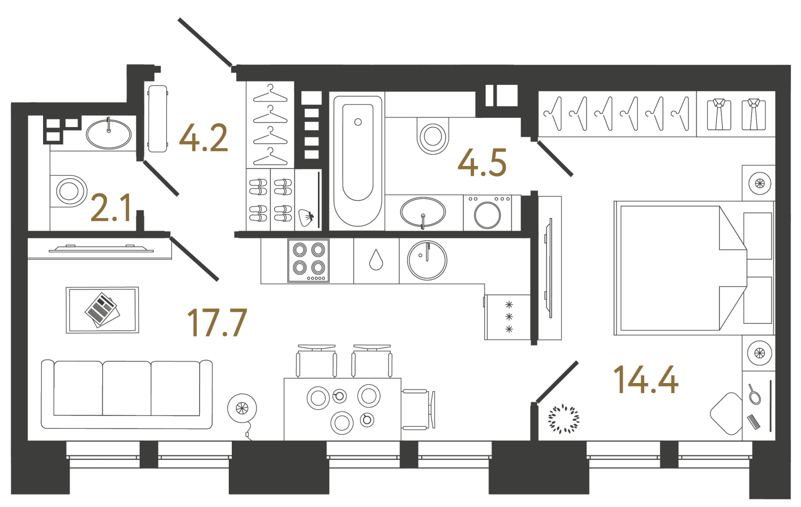 Планировка: 1-комнатная квартира, 42,9 м²