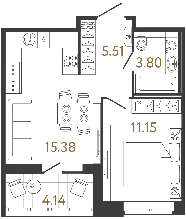 Планировка: 1-комнатная квартира, 35,8 м²
