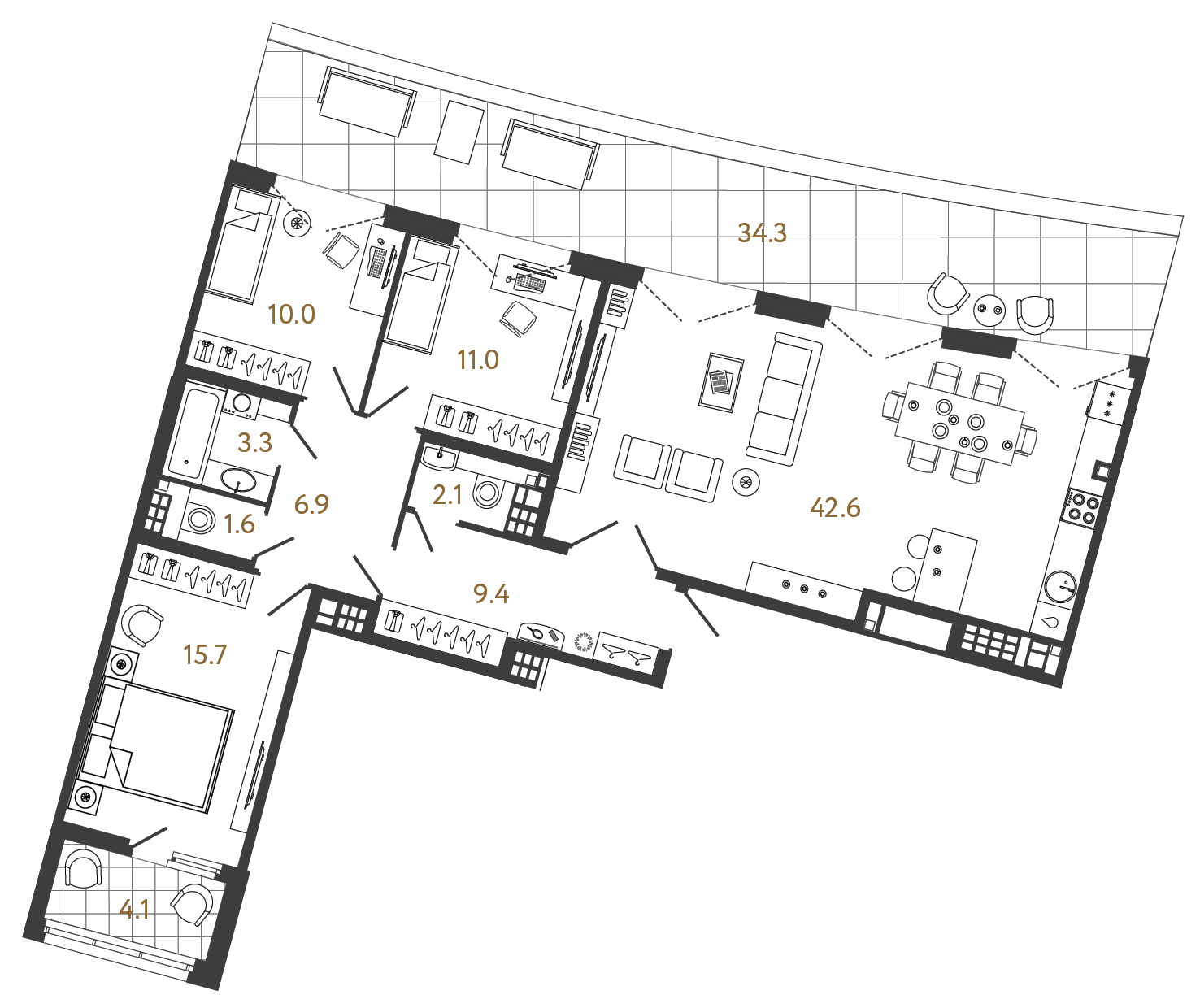 Планировка: 3-комнатная квартира, 102,6 м²
