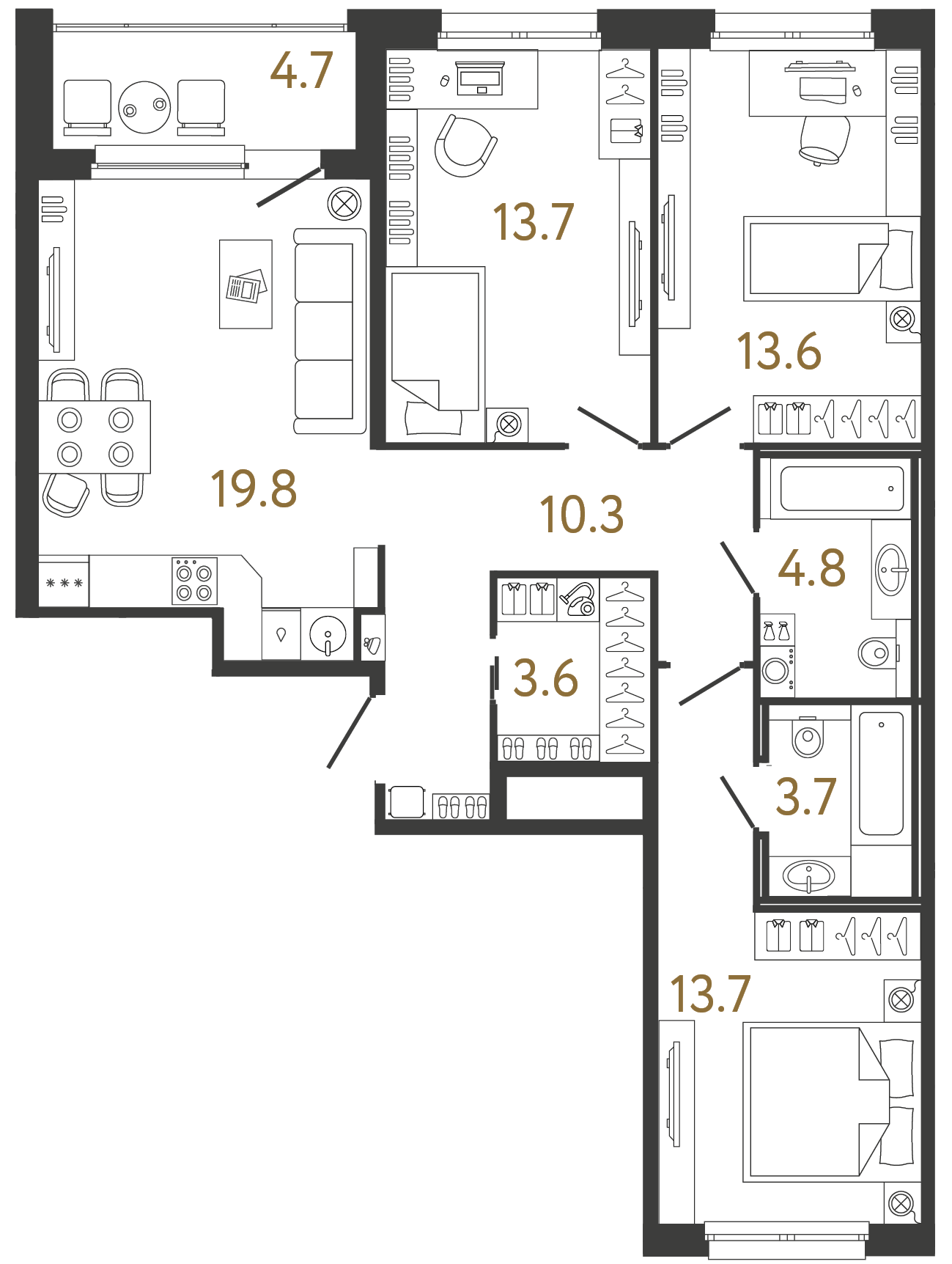 Планировка: 3-комнатная квартира, 83,2 м²