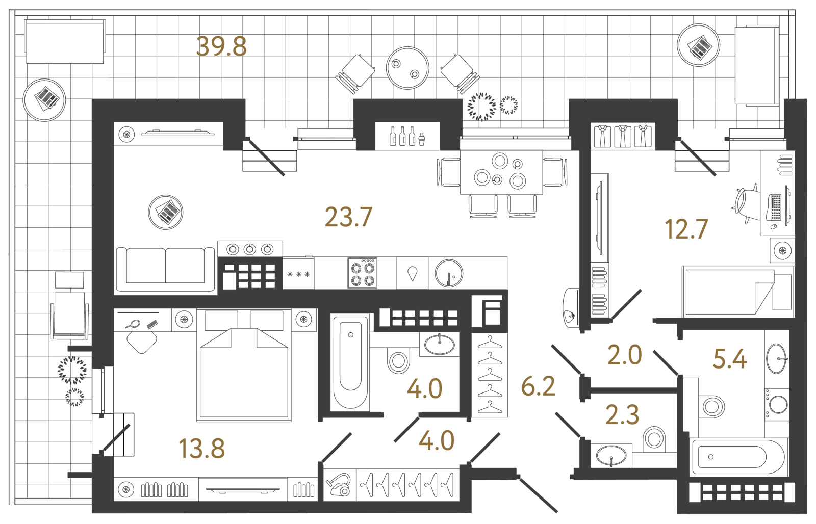 Планировка: 2-комнатная квартира, 74,1 м²