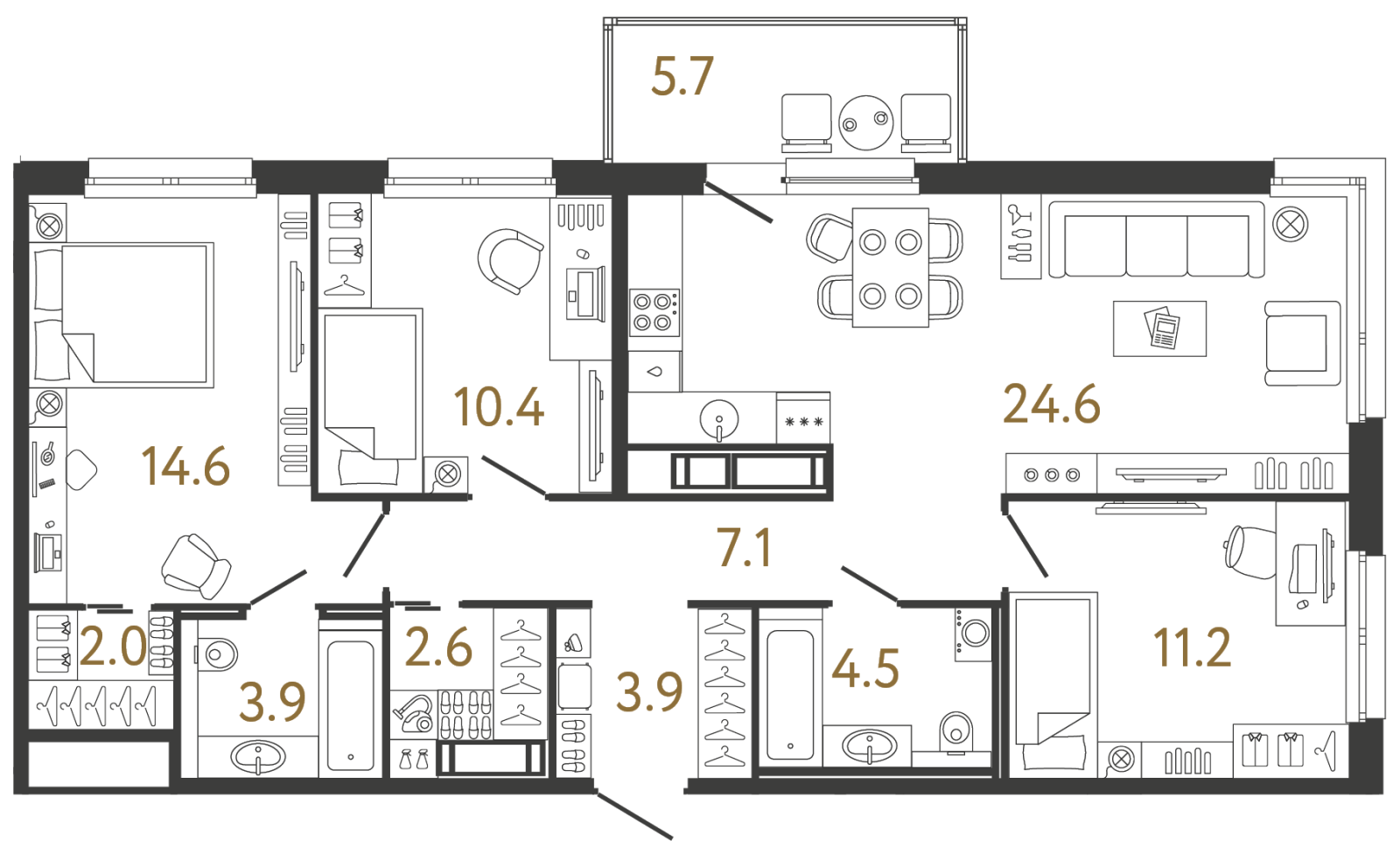 Планировка: 3-комнатная квартира, 84,8 м²
