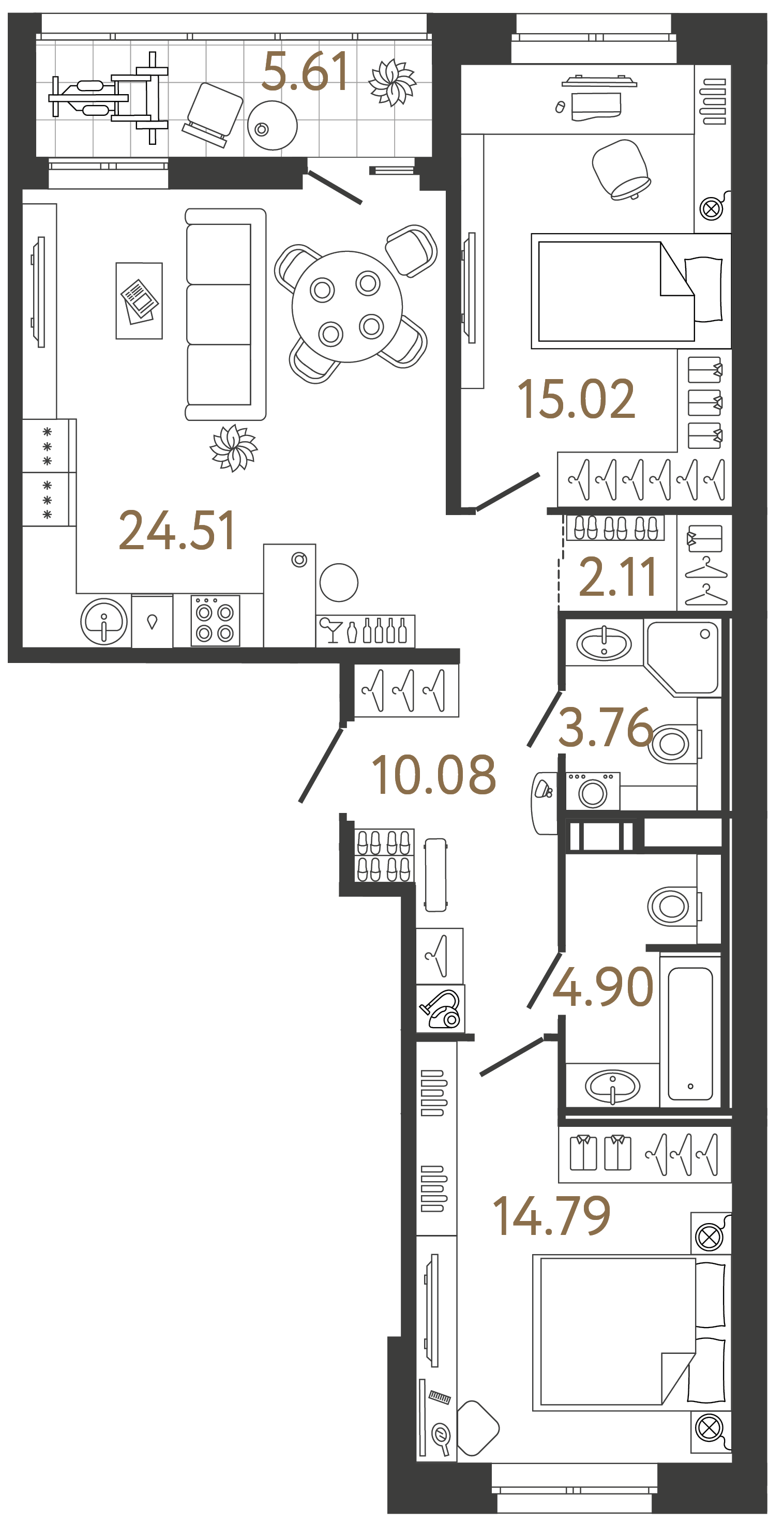 Планировка: 2-комнатная квартира, 75,2 м²