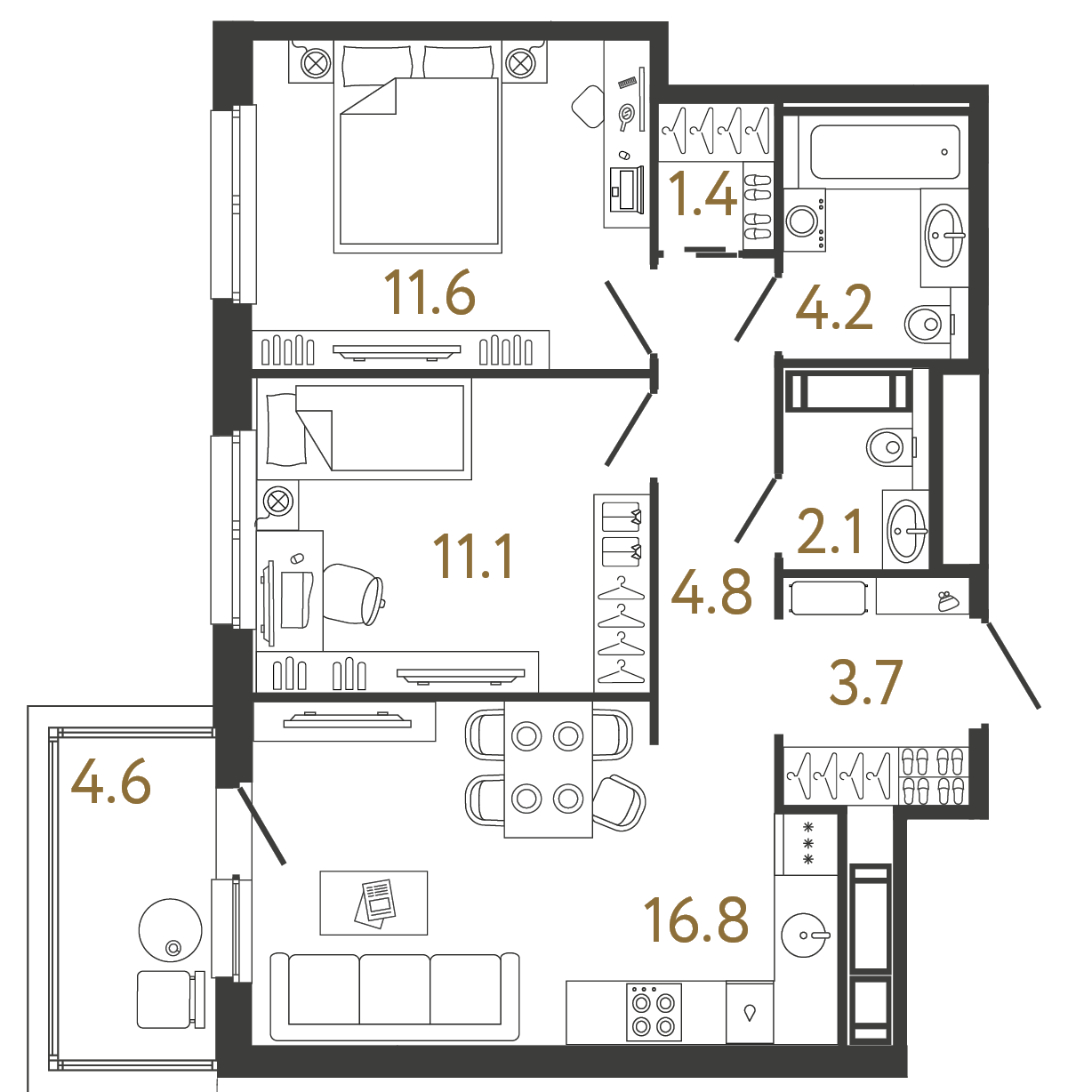 Планировка: 2-комнатная квартира, 55,7 м²