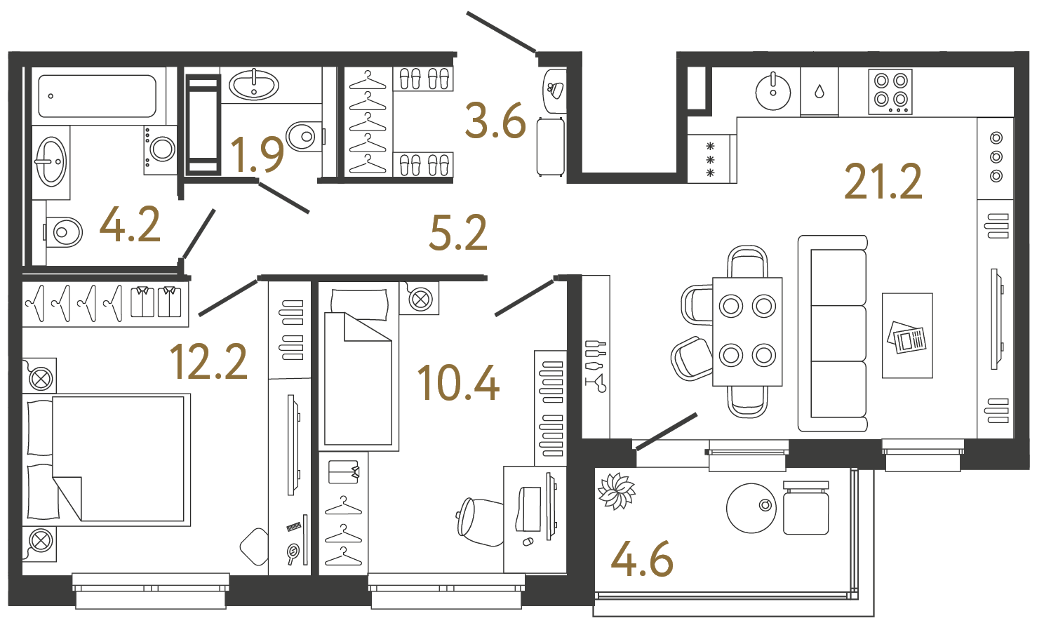 Планировка: 2-комнатная квартира, 58,7 м²