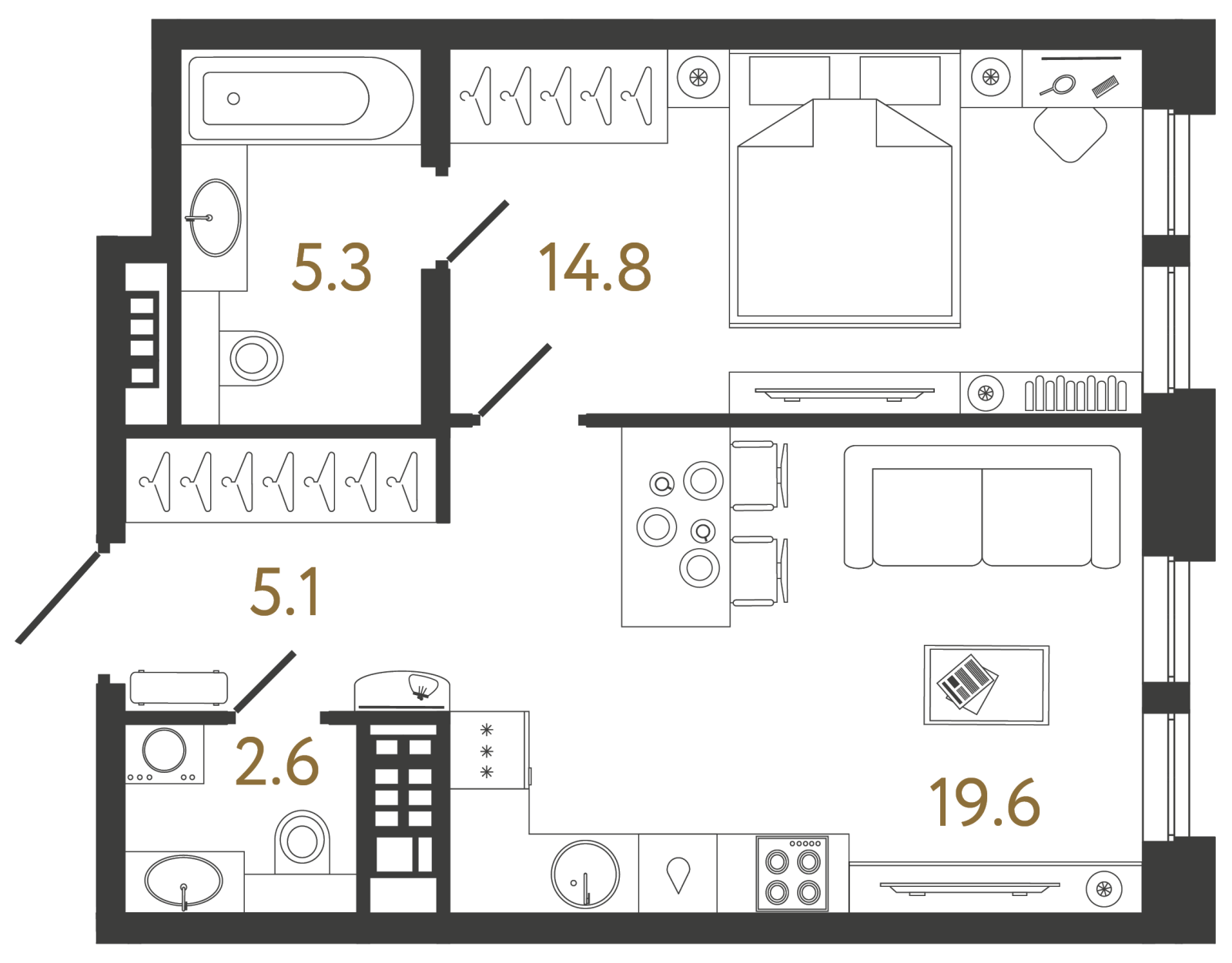 Планировка: 1-комнатная квартира, 47,4 м²