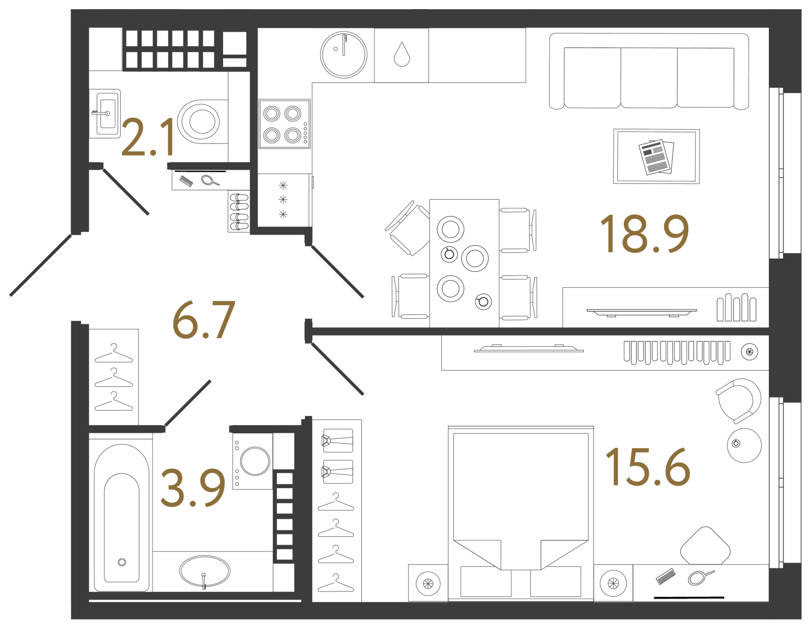 Планировка: 1-комнатная квартира, 47,2 м²
