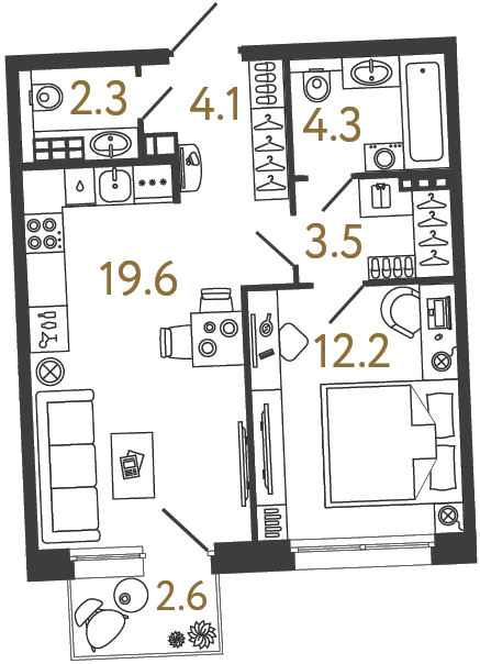 Планировка: 1-комнатная квартира, 46,0 м²