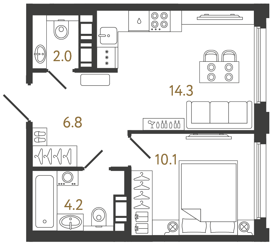 Планировка: 1-комнатная квартира, 37,4 м²