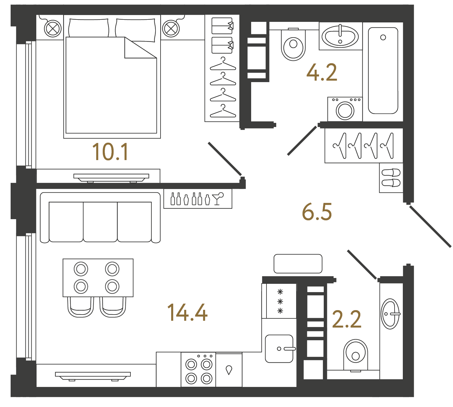 Планировка: 1-комнатная квартира, 37,4 м²
