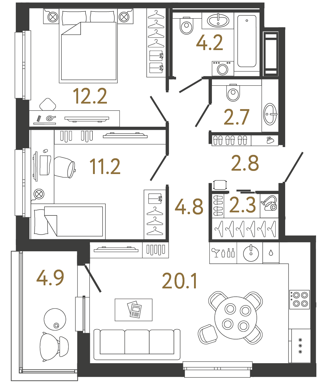 Планировка: 2-комнатная квартира, 60,3 м²