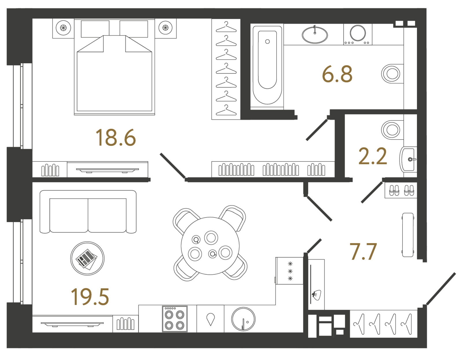 Планировка: 1-комнатная квартира, 54,9 м²