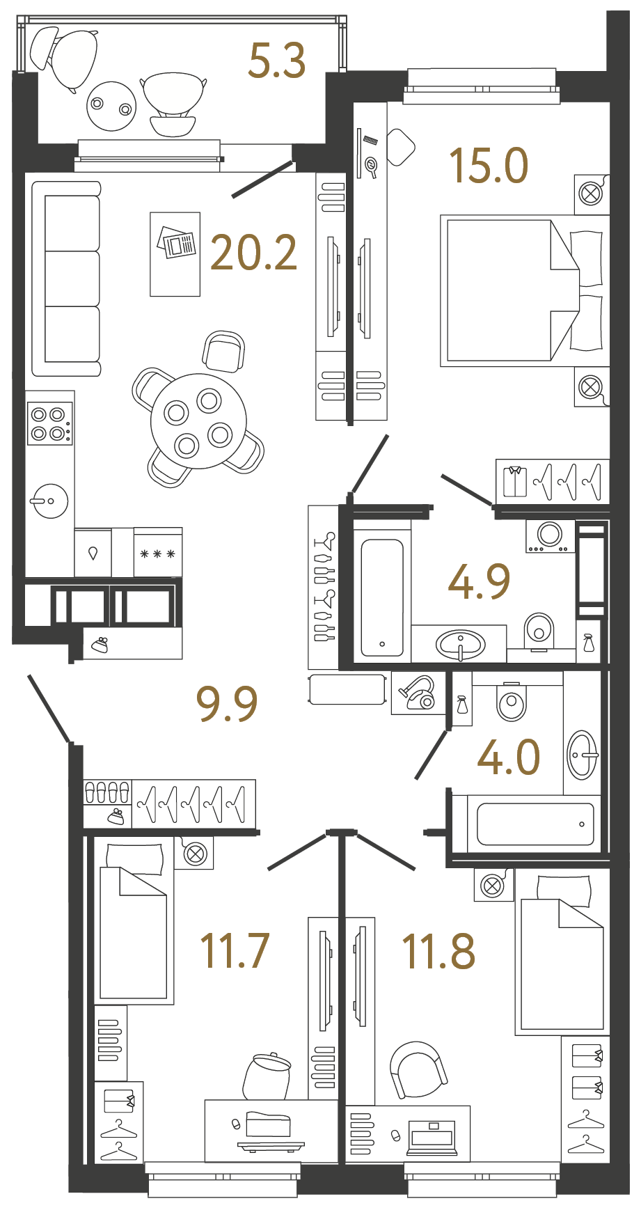 Планировка: 3-комнатная квартира, 77,5 м²