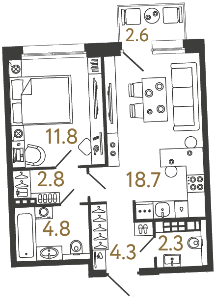 Планировка: 1-комнатная квартира, 44,7 м²