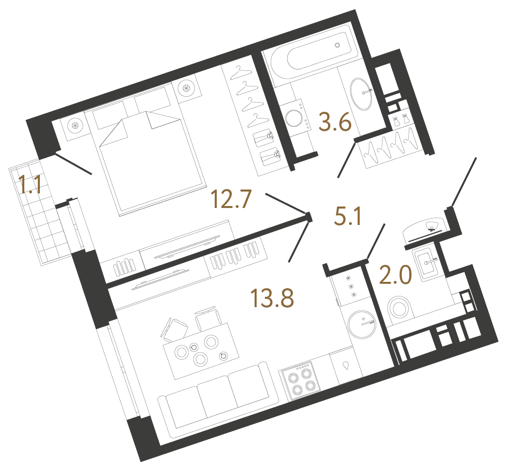 Планировка: 1-комнатная квартира, 37,2 м²