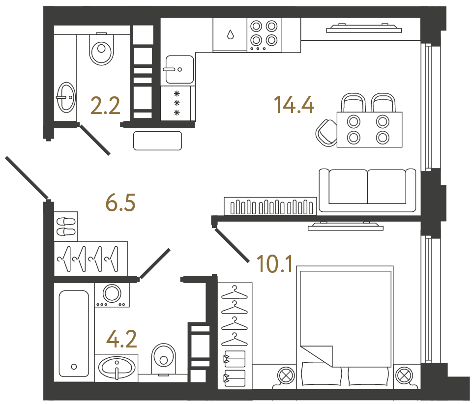 Планировка: 1-комнатная квартира, 37,4 м²