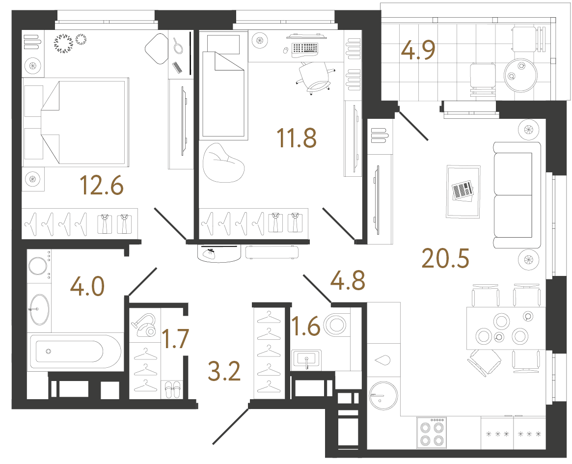 Планировка: 2-комнатная квартира, 60,2 м²