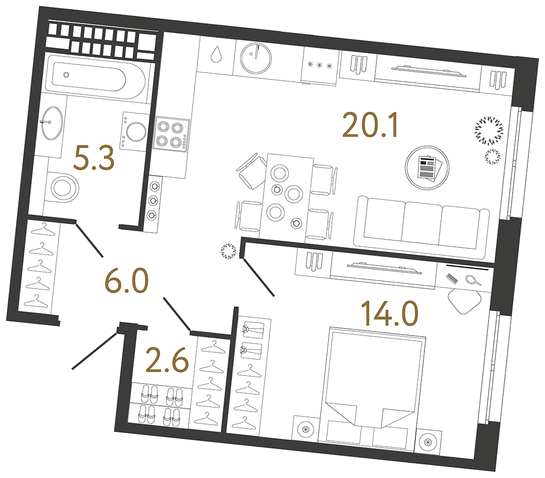 Планировка: 1-комнатная квартира, 48,0 м²