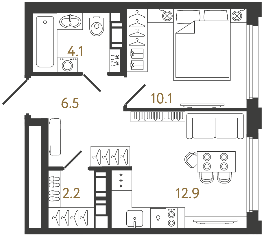 Планировка: 1-комнатная квартира, 35,8 м²