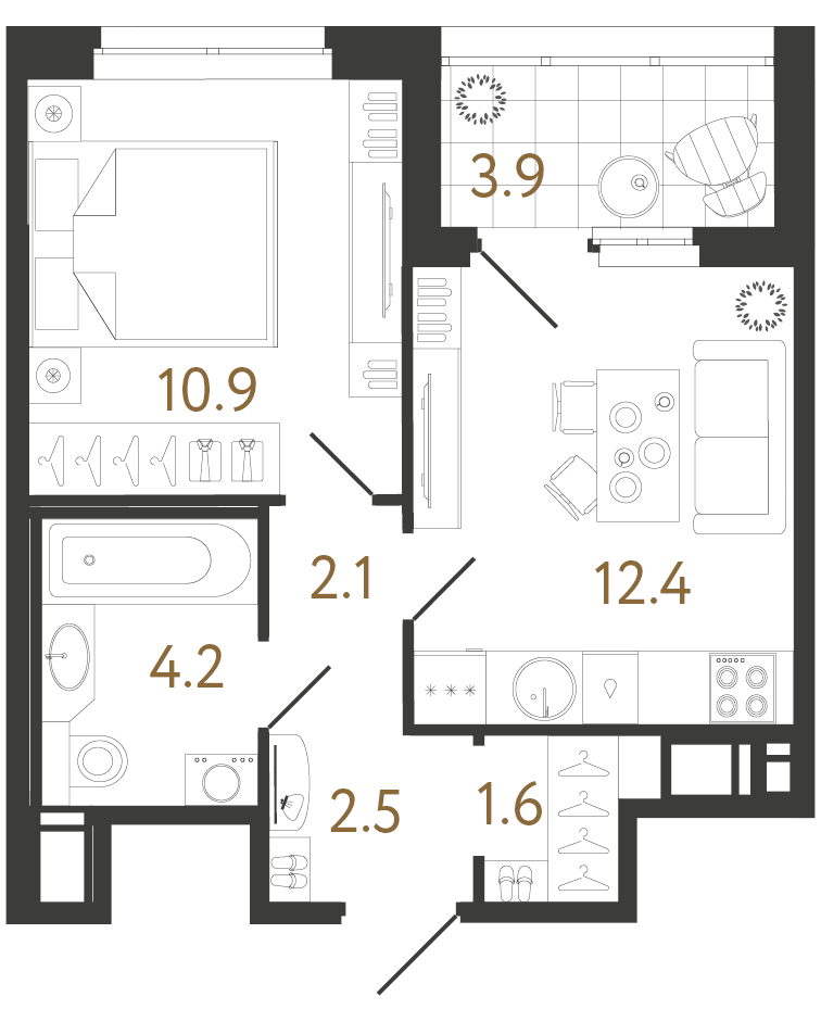 Планировка: 1-комнатная квартира, 33,6 м²