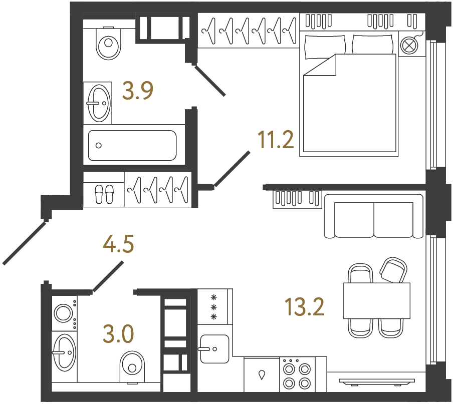 Планировка: 1-комнатная квартира, 35,8 м²