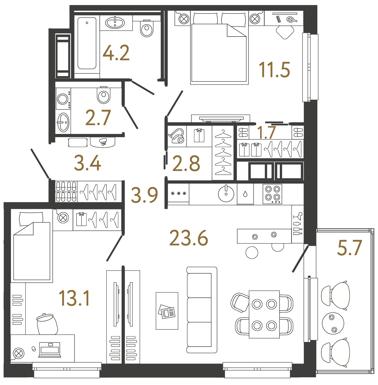 Планировка: 2-комнатная квартира, 66,9 м²