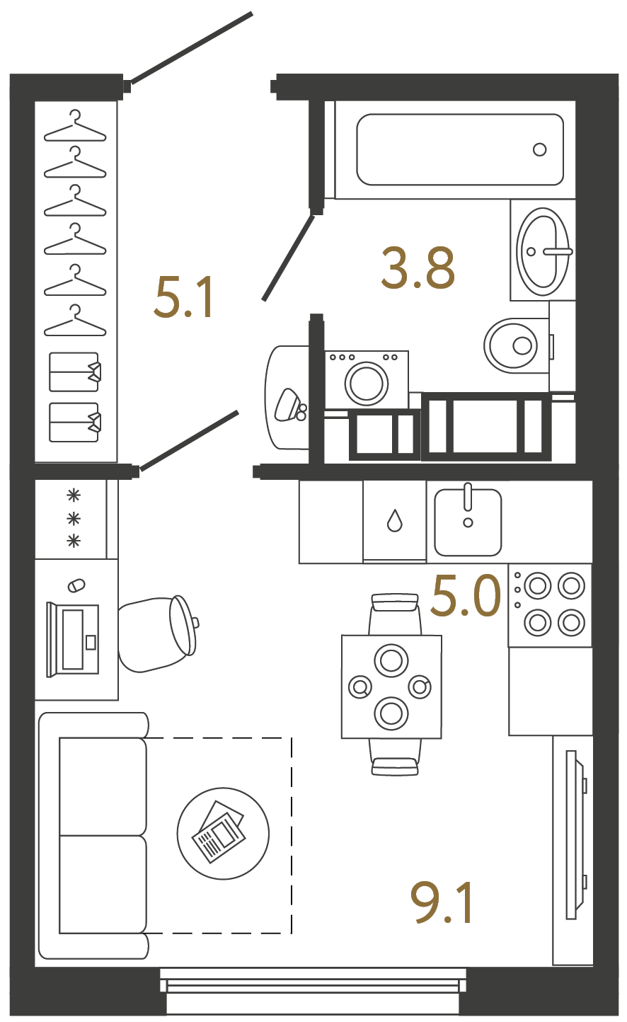 Планировка: студия, 23,0 м²