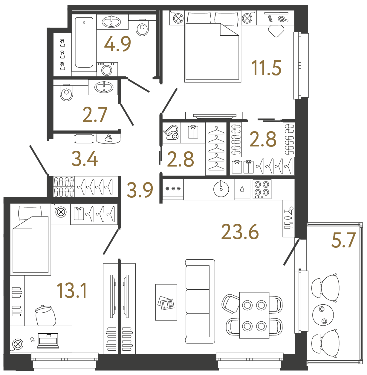 Планировка: 2-комнатная квартира, 68,7 м²