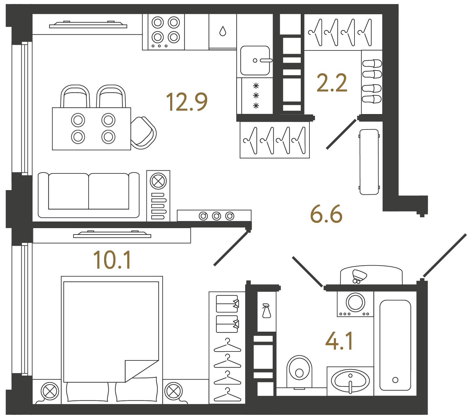 Планировка: 1-комнатная квартира, 35,9 м²