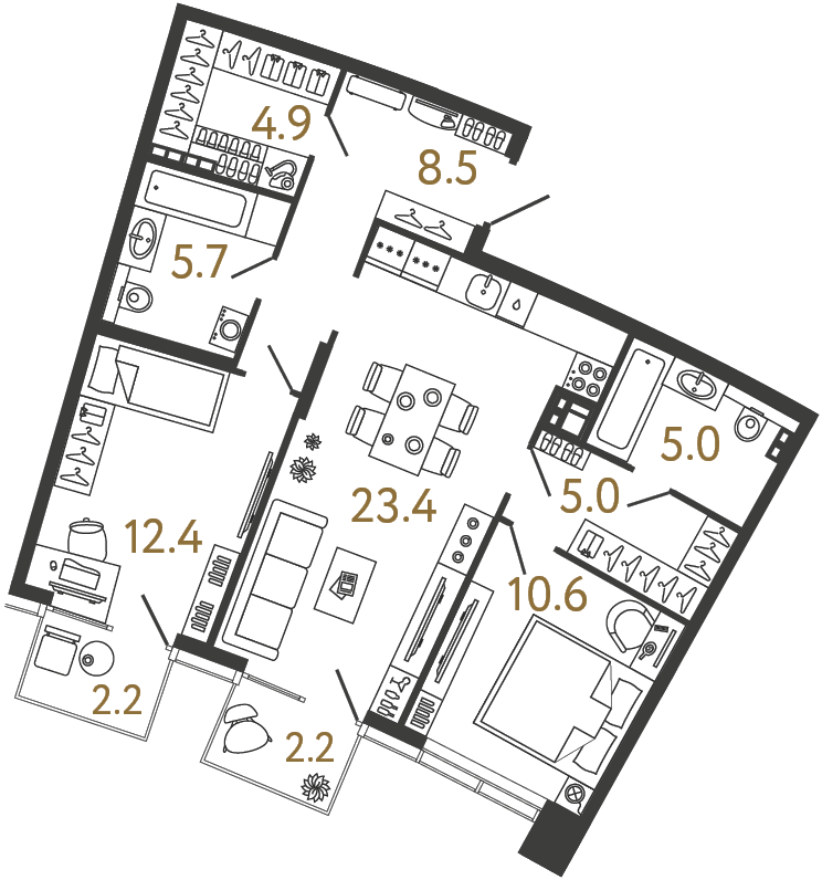 Планировка: 2-комнатная квартира, 75,5 м²