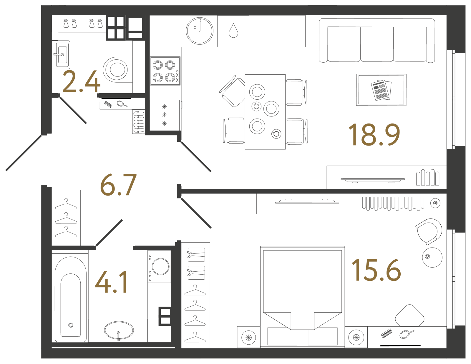 Планировка: 1-комнатная квартира, 47,7 м²