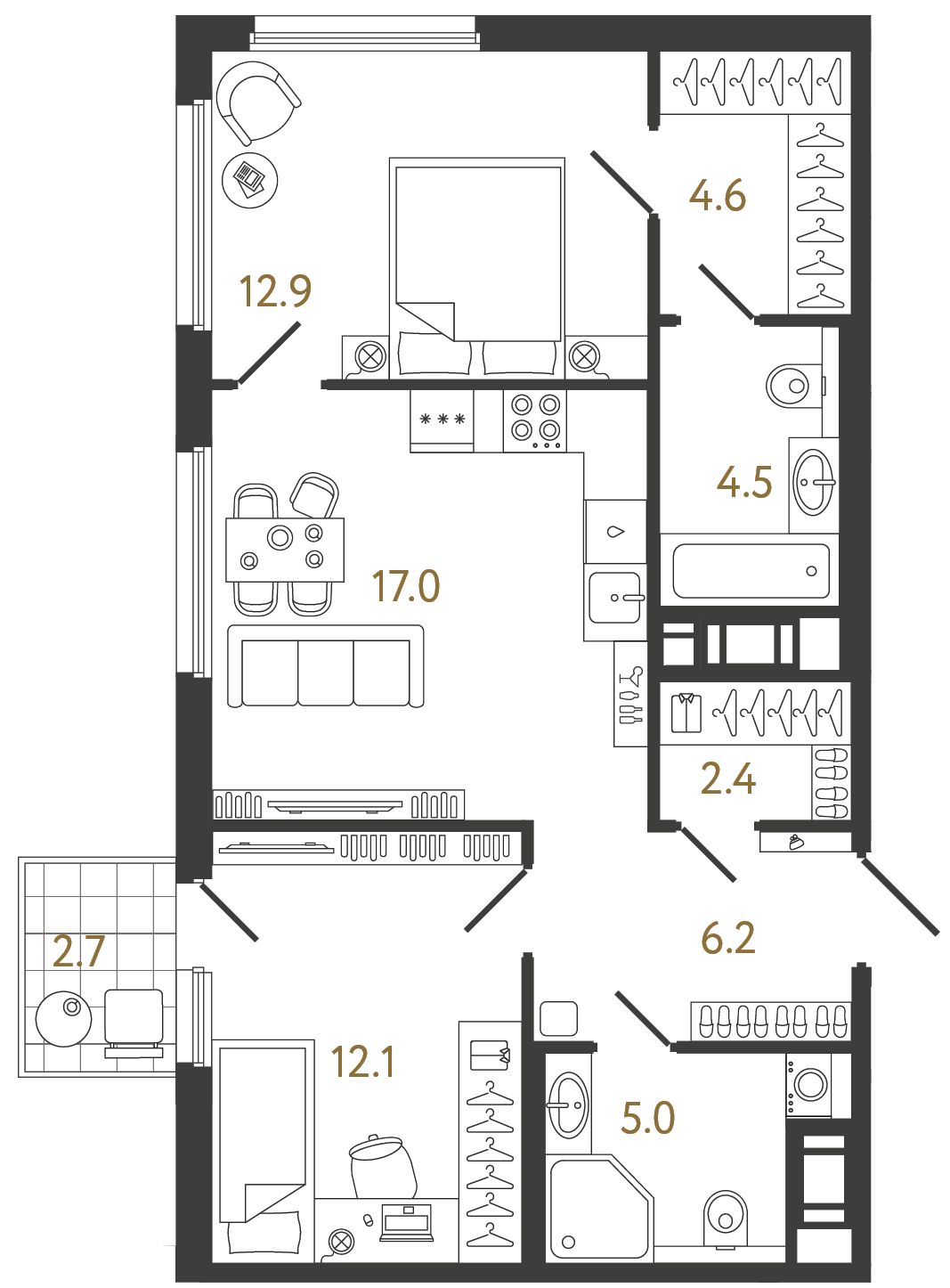 Планировка: 2-комнатная квартира, 64,7 м²