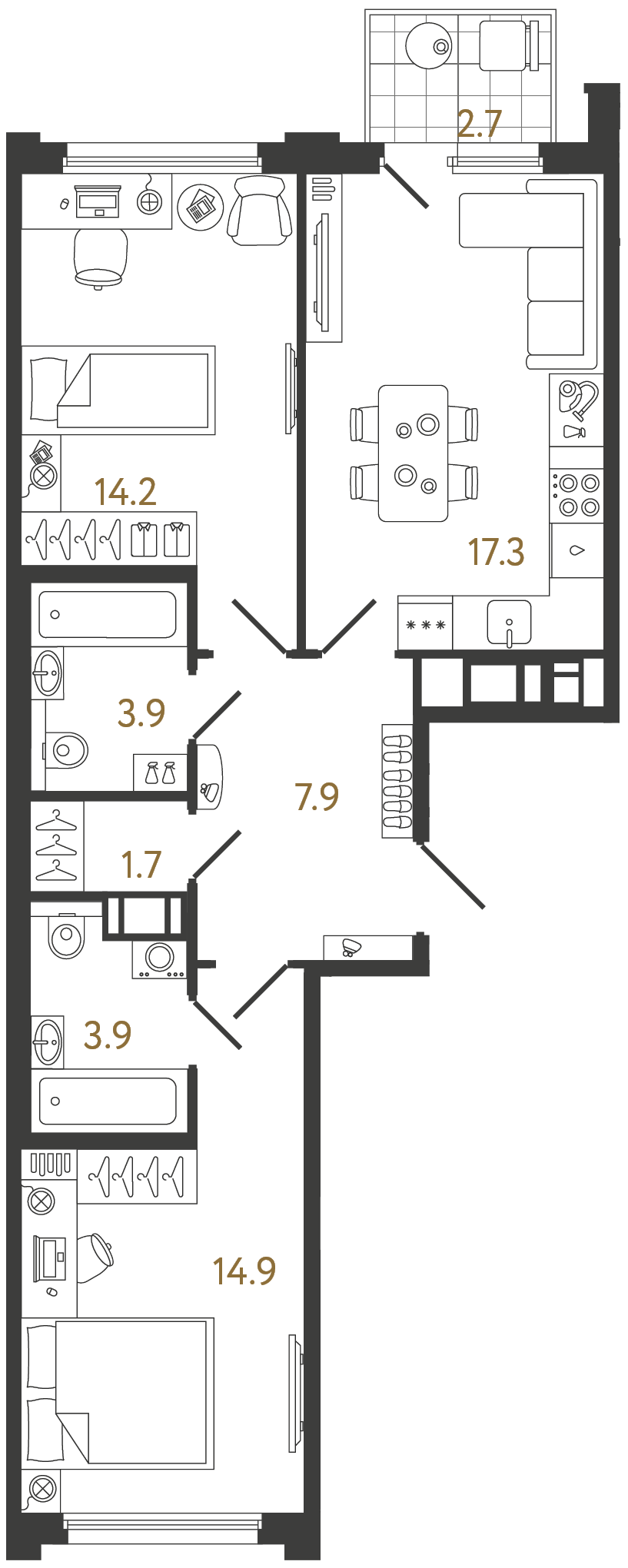 Планировка: 2-комнатная квартира, 63,8 м²