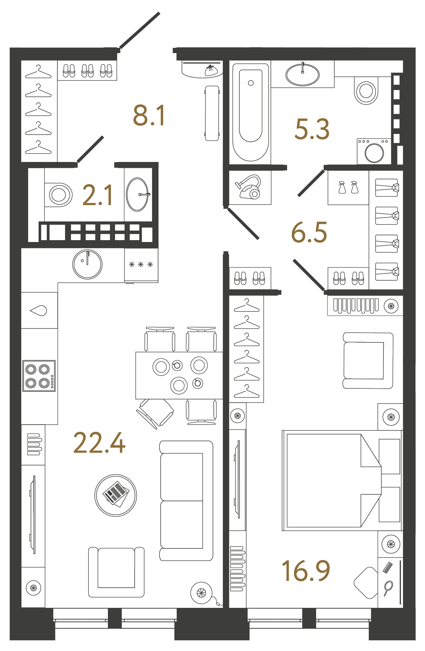 Планировка: 1-комнатная квартира, 61,3 м²