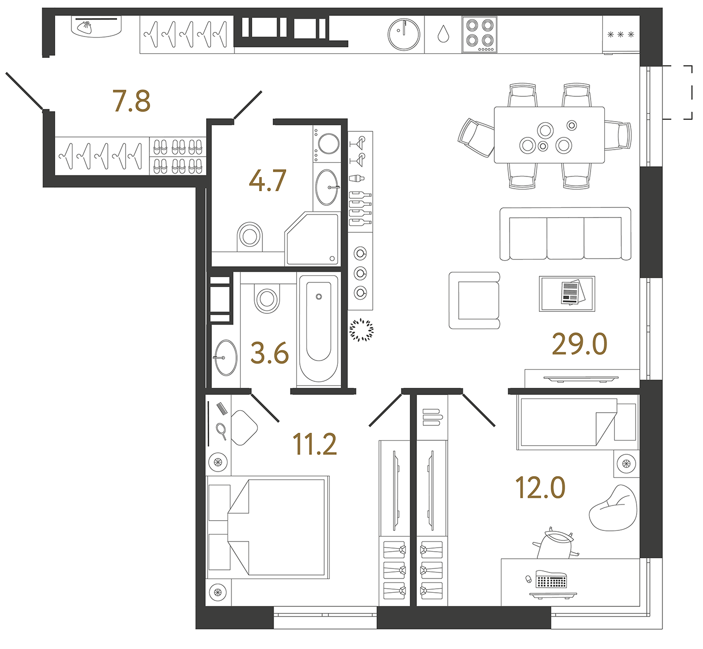 Планировка: 2-комнатная квартира, 68,3 м²