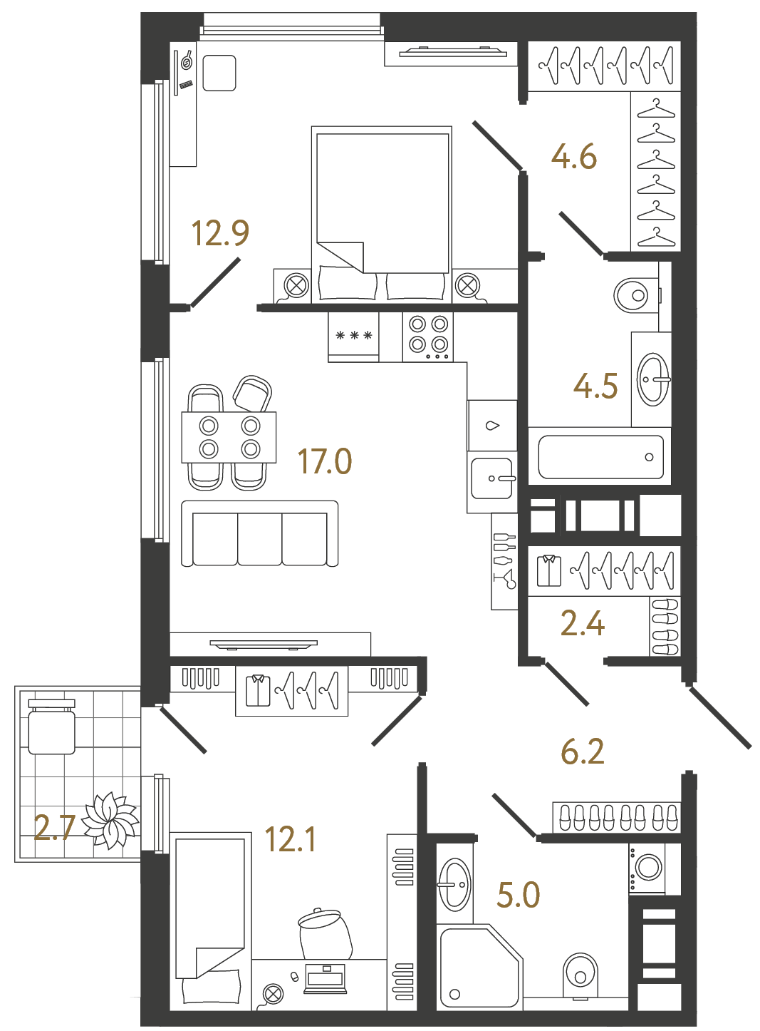 Планировка: 2-комнатная квартира, 64,7 м²