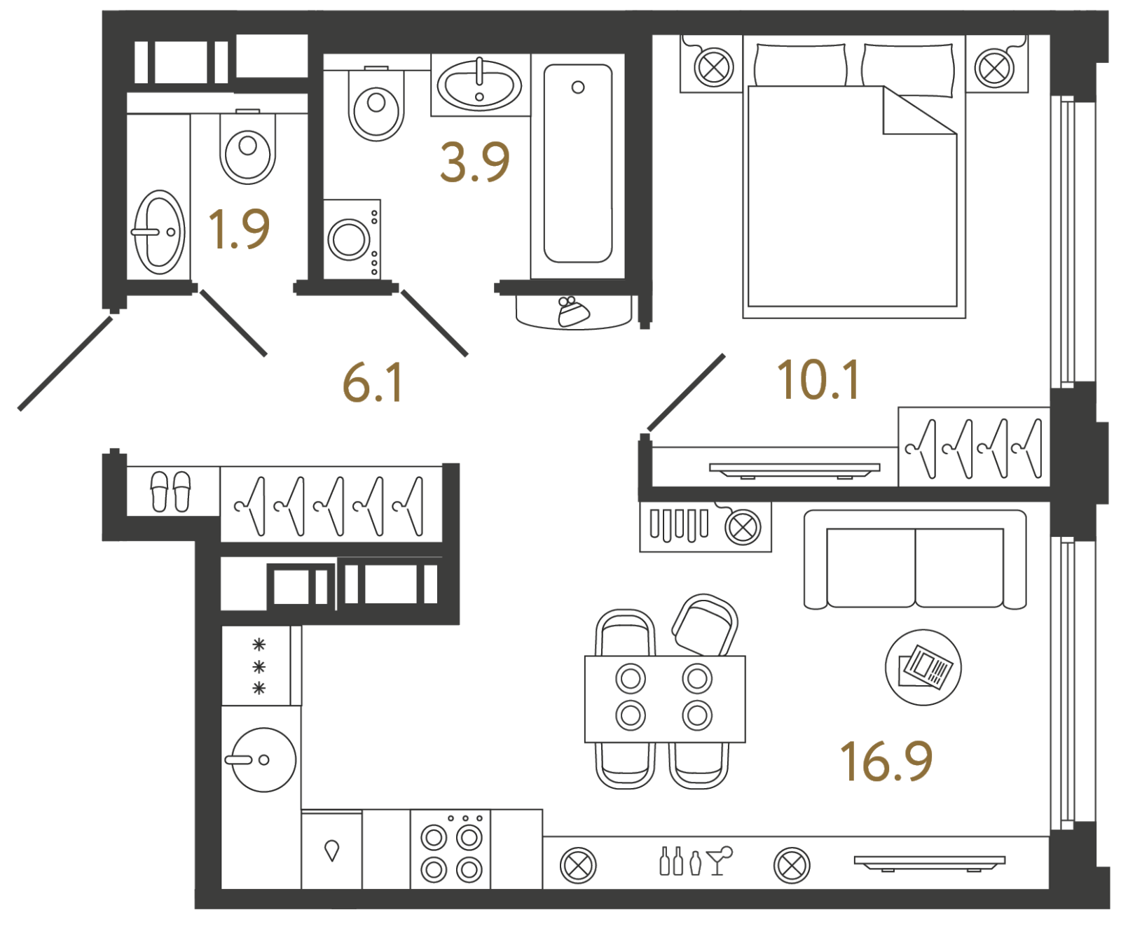 Планировка: 1-комнатная квартира, 38,9 м²
